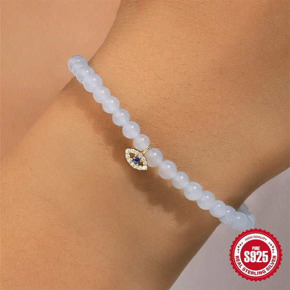 925 Sterling Silver Navy Chalcedony Handmade Beaded Bracelet With Geometric Pattern And Electroplating For Women