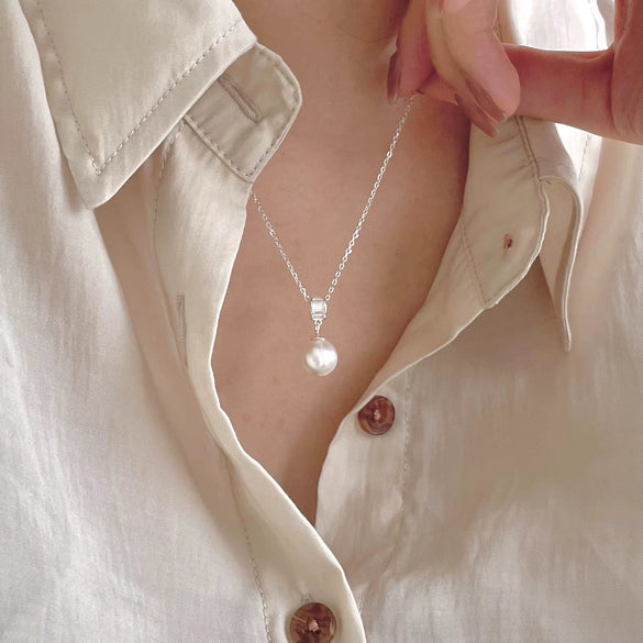 925 Sterling Silver Necklace With Geometric Pattern Pearl And Diamond