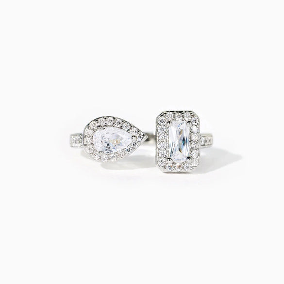 Sterling Silver Open Pearshaped And Rectangular Geometric Promise Ring For Women With Electroplating
