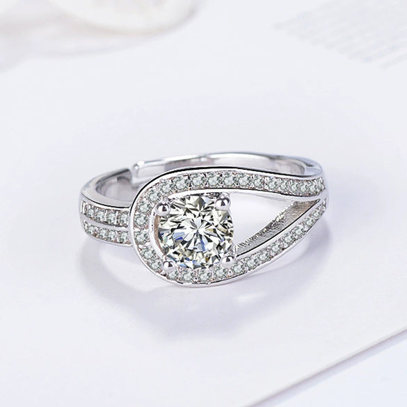 Sterling Silver Open Ring For Women With Geometric Zircon Four Claw Setting Electroplated Adjustable Fashion Jewelry