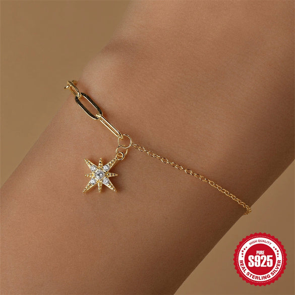 925 Sterling Silver Paper Clip Chain Star Diamond Pendant All Match Fashion Bracelet With Geometric Design And Real Gold Plated Electroplating For Women