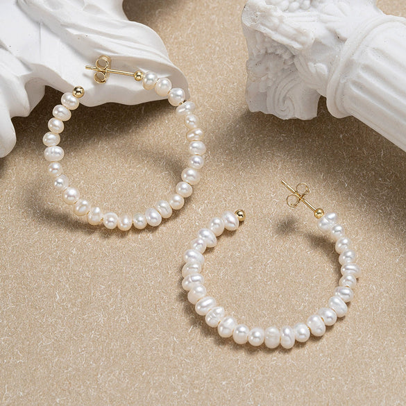 Sterling Silver Pearl C Shaped Stud Earrings With 14K Gold Electroplating Elegant And Simple Style For Ladies