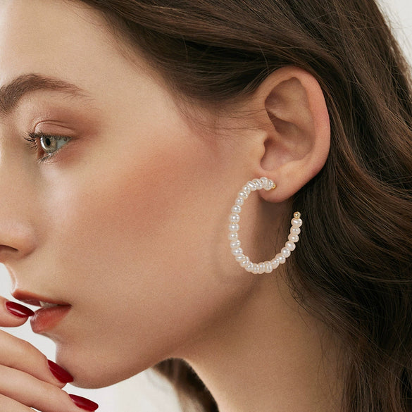 Sterling Silver Pearl C Shaped Stud Earrings With 14K Gold Electroplating Elegant And Simple Style For Ladies