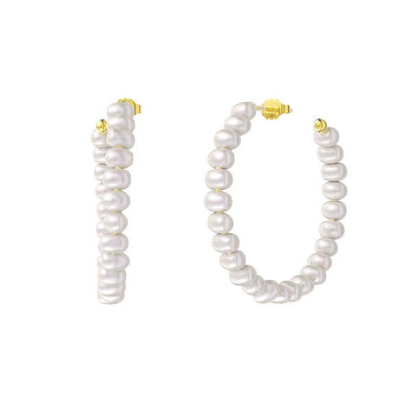 Sterling Silver Pearl C Shaped Stud Earrings With 14K Gold Electroplating Elegant And Simple Style For Ladies