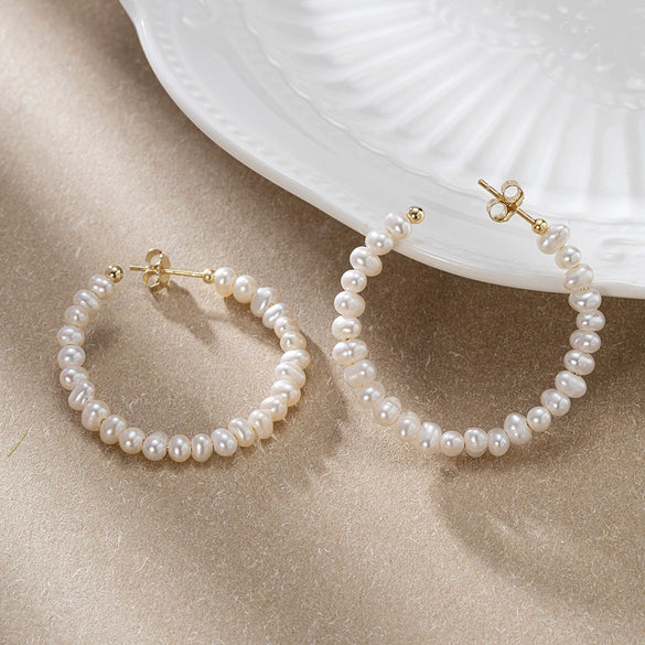 Sterling Silver Pearl C Shaped Stud Earrings With 14K Gold Electroplating Elegant And Simple Style For Ladies