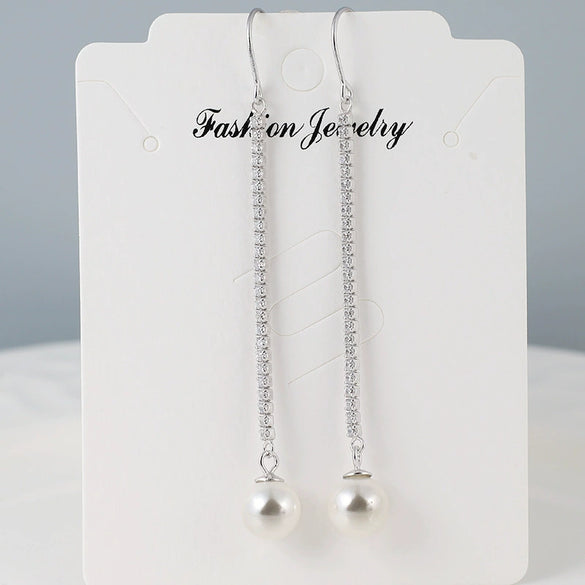 Sterling Silver Pearl Tassel Earrings For Women Simple Geometric Long Ear Line With Micro Inlay Elegant Fashion Jewelry