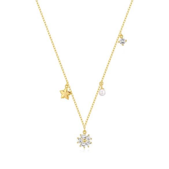 Sterling Silver Pearl Zircon Cable Chain Inlay Geometric Pendant Necklace