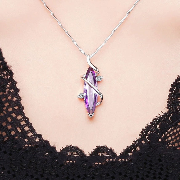 Sterling Silver Plated Four Leaf Clover Amethyst Diamond Ladies Necklace