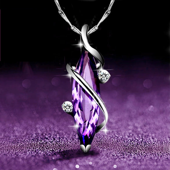 Sterling Silver Plated Four Leaf Clover Amethyst Diamond Ladies Necklace