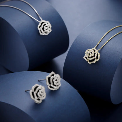 Sterling Silver Plated Zircon Inlay Rose Earrings Necklace