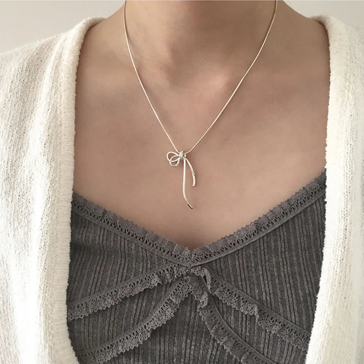 Sterling Silver Plating Geometric Bow Knot Pendant Necklace