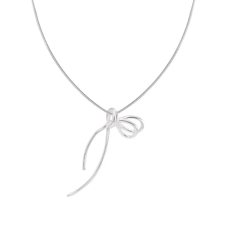 Sterling Silver Plating Geometric Bow Knot Pendant Necklace