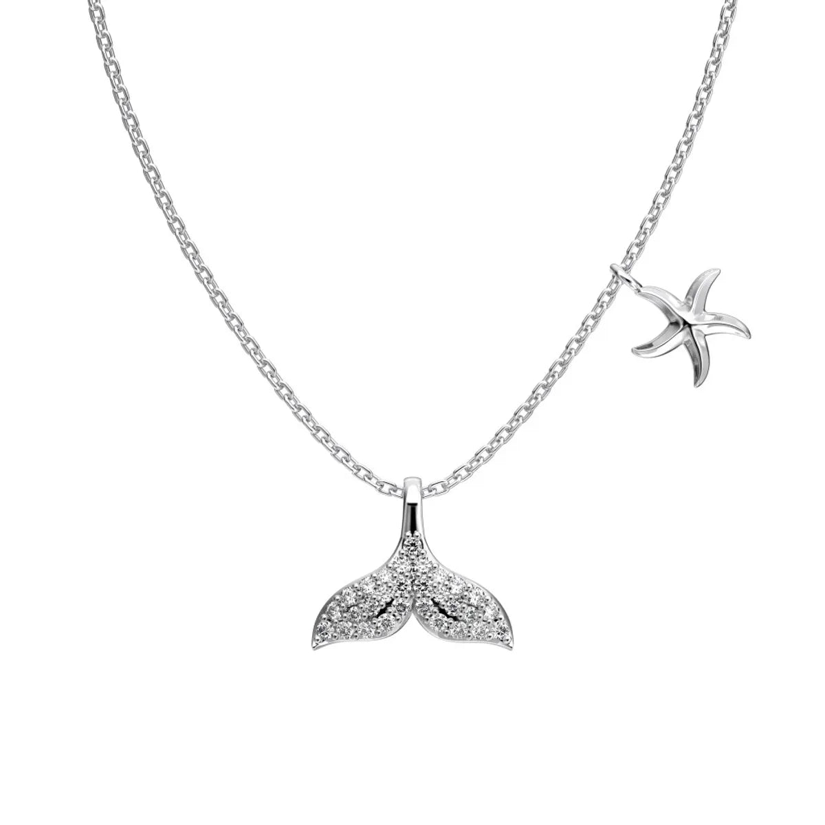 Sterling Silver Plating Geometric Starfish Fish Tail Zircon Pendant Necklace