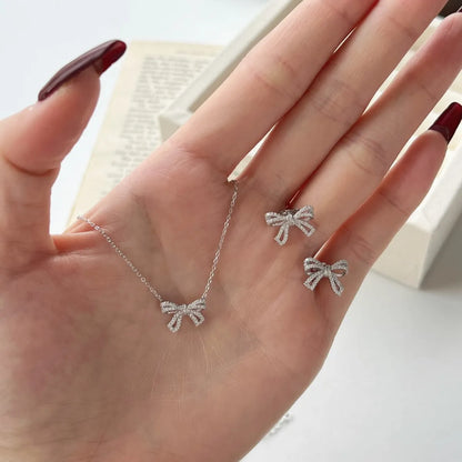 Sterling Silver Plating Inlay Bow Knot Zircon Earrings Necklace