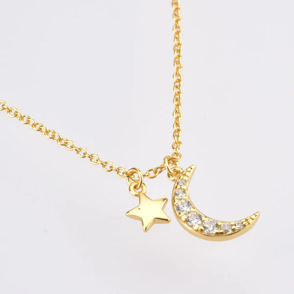 Sterling Silver Plating Inlay Star Moon Zircon Pendant Necklace