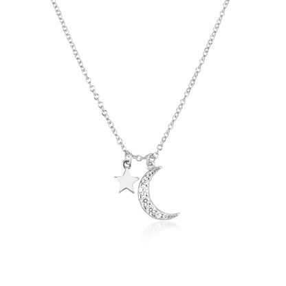 Sterling Silver Plating Inlay Star Moon Zircon Pendant Necklace