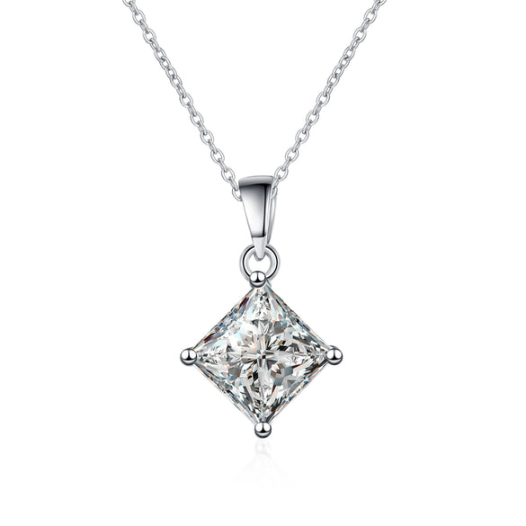 925 Sterling Silver Princess Cut Square Pendant Necklace With Four Prong Setting Geometric Electroplated Design