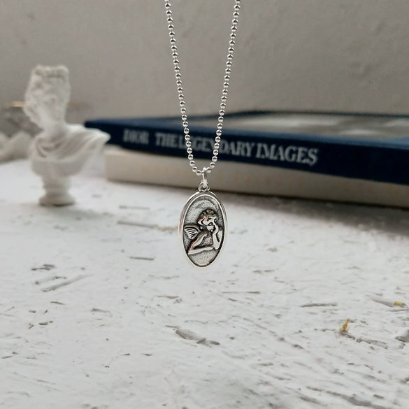 925 Sterling Silver Retro Distressed Guardian Angel Pendant Necklace