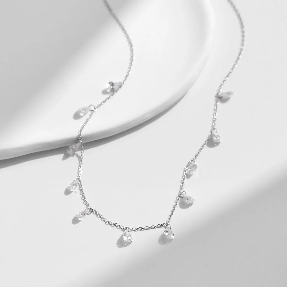 Sterling Silver Rhodium Plated Elegant Wedding Simple Style Zircon Water Droplets Necklace