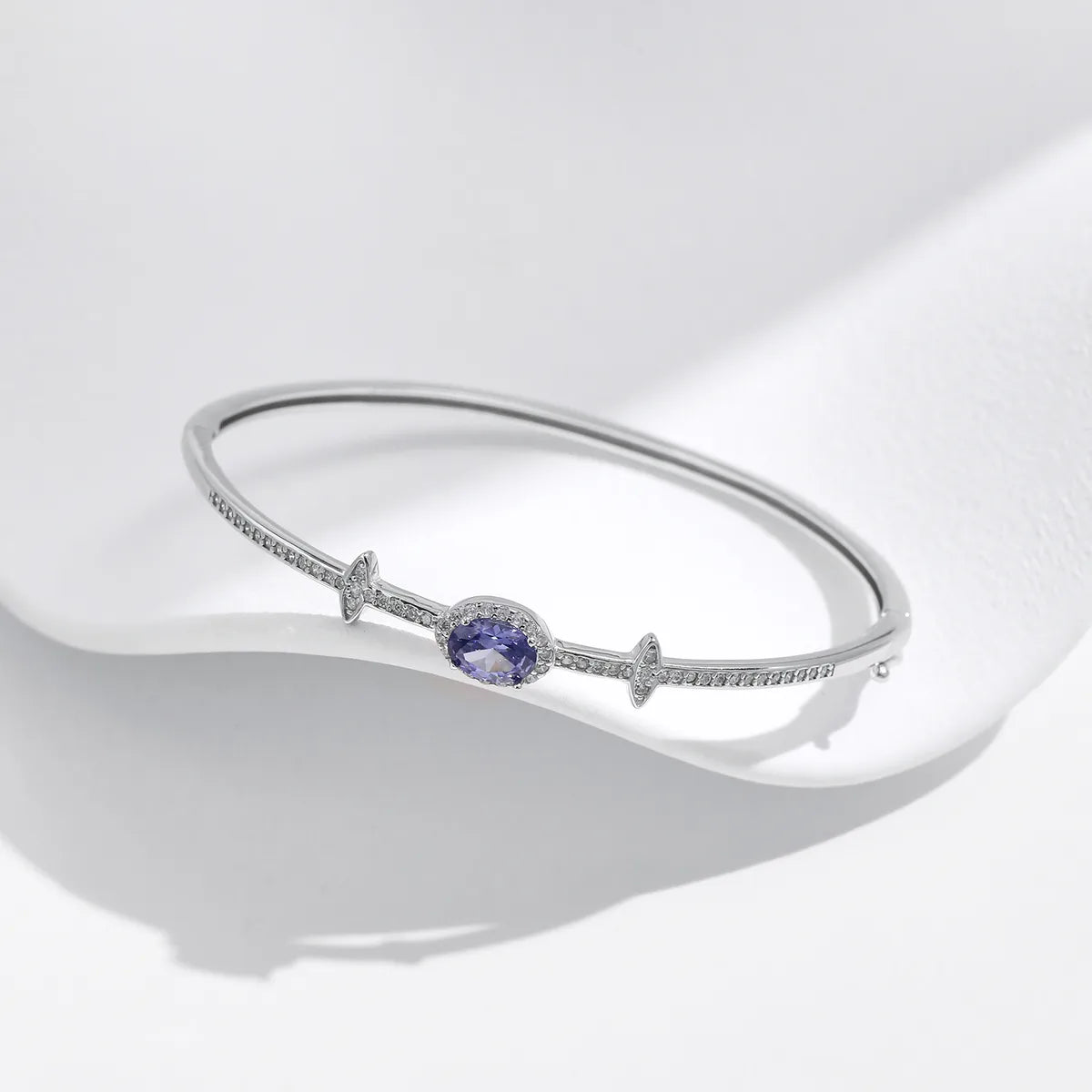 Sterling Silver Rhodium Plated Inlay Circle Star Oval Zircon Bangle