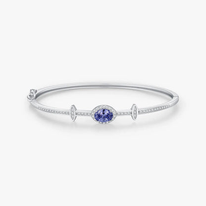 Sterling Silver Rhodium Plated Inlay Circle Star Oval Zircon Bangle