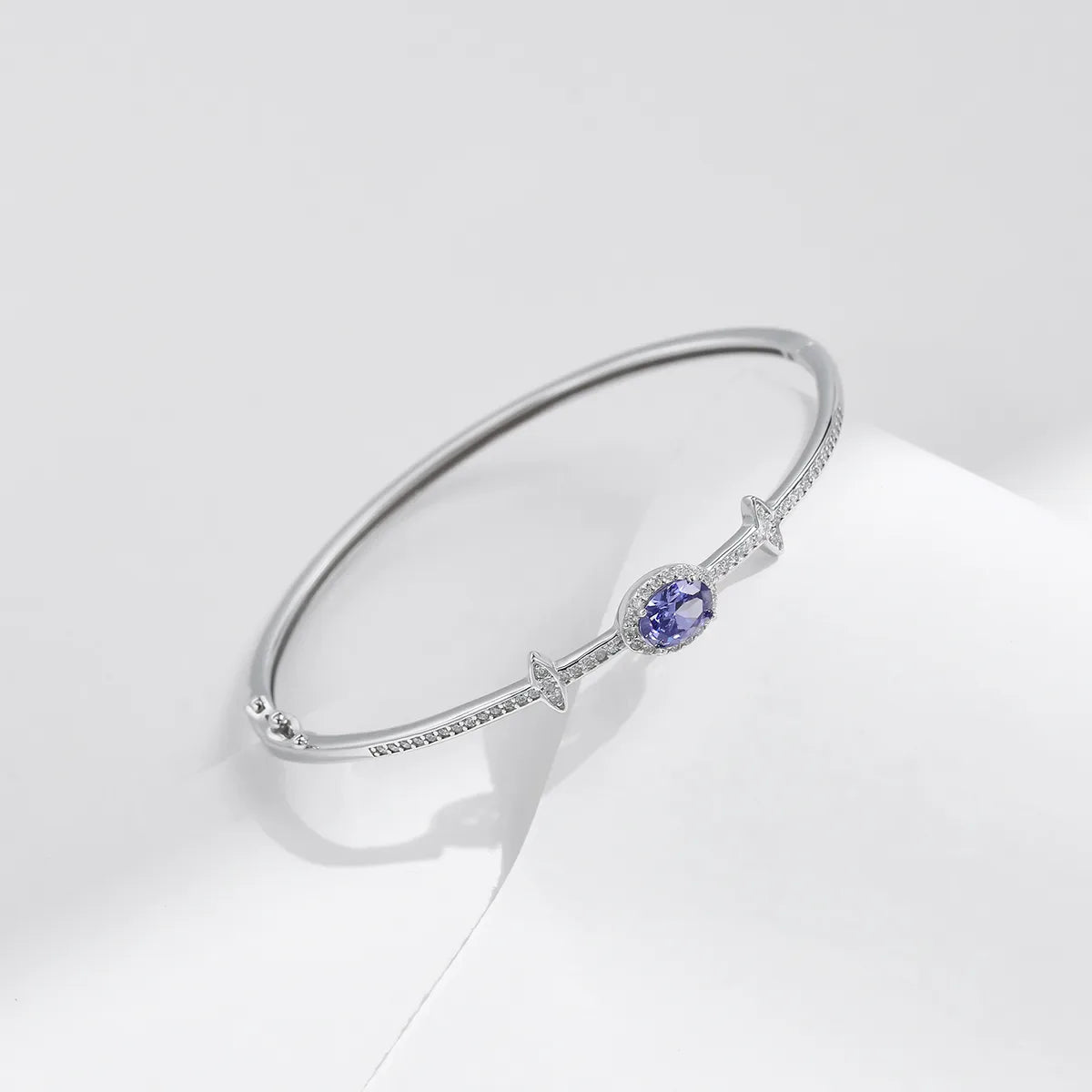 Sterling Silver Rhodium Plated Inlay Circle Star Oval Zircon Bangle