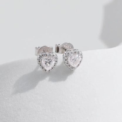 Sterling Silver Rhodium Plated Japanese Style Sweet Shiny Inlay Heart Shape Moissanite Ear Studs