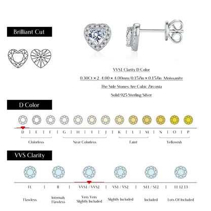 Sterling Silver Rhodium Plated Japanese Style Sweet Shiny Inlay Heart Shape Moissanite Ear Studs