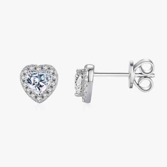 Sterling Silver Rhodium Plated Japanese Style Sweet Shiny Inlay Heart Shape Moissanite Ear Studs