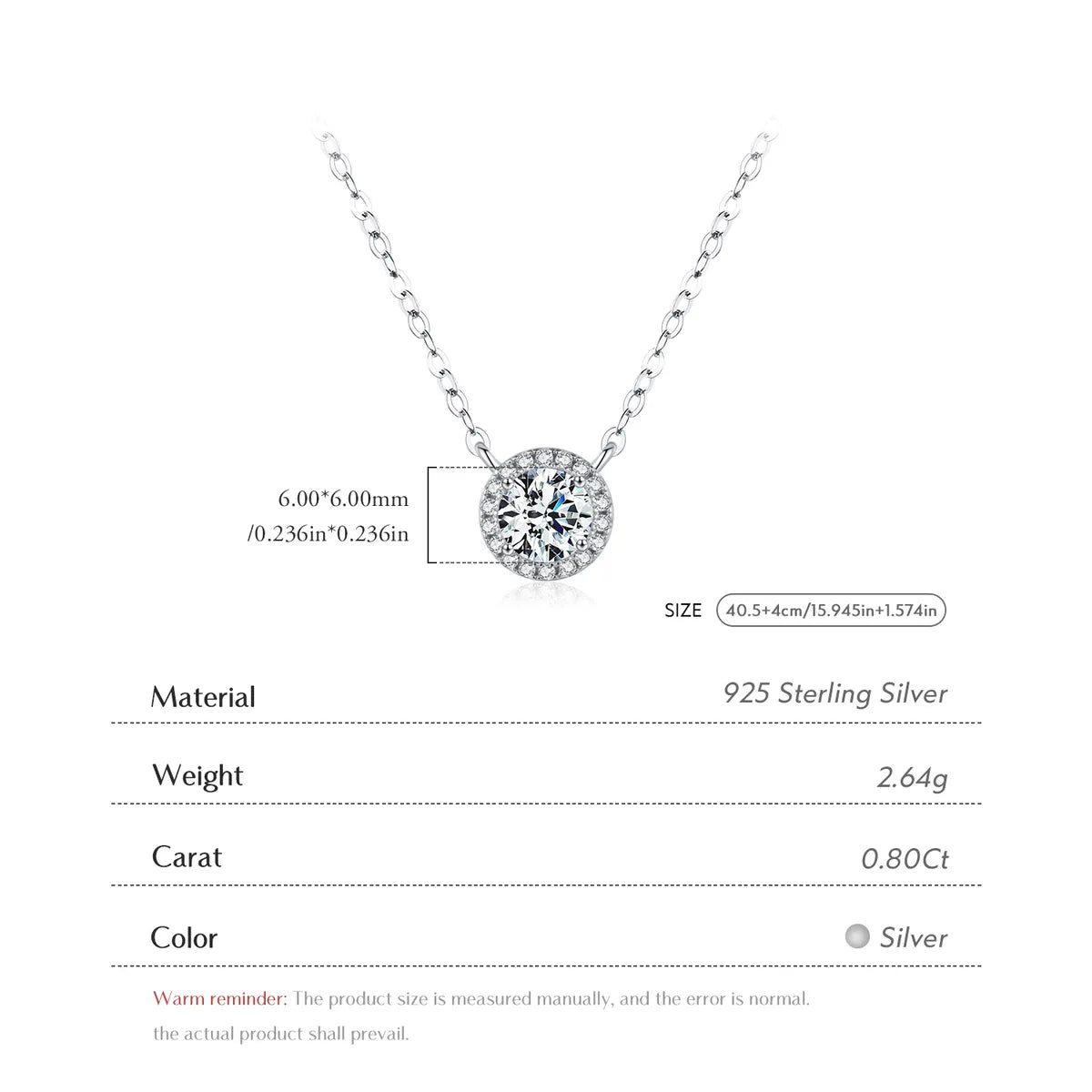 Sterling Silver Rhodium Plated Wedding Classic Style Shiny Inlay Round Moissanite Pendant Necklace