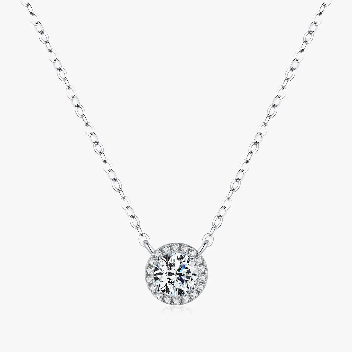 Sterling Silver Rhodium Plated Wedding Classic Style Shiny Inlay Round Moissanite Pendant Necklace