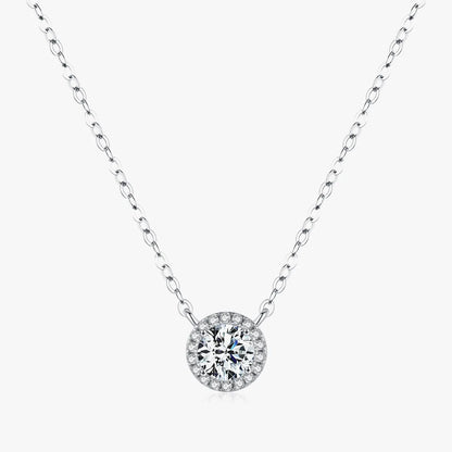 Sterling Silver Rhodium Plated Wedding Classic Style Shiny Inlay Round Moissanite Pendant Necklace