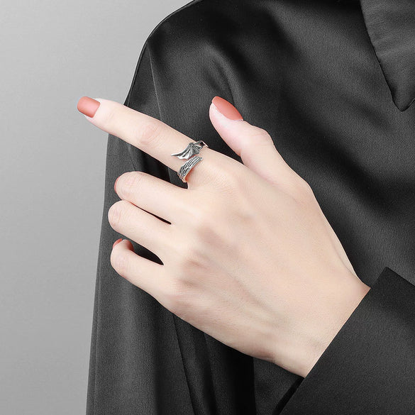 Sterling Silver Ring Retro Geometric Angel And Devil Wings Electroplating Women's
