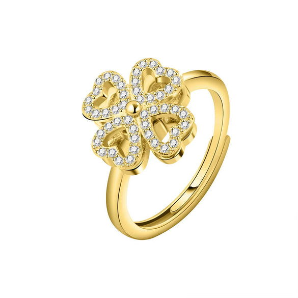 Sterling Silver Rotating Clover Ring For Women Electroplated Adjustable Open Band Anxiety Relief Spinner Ring