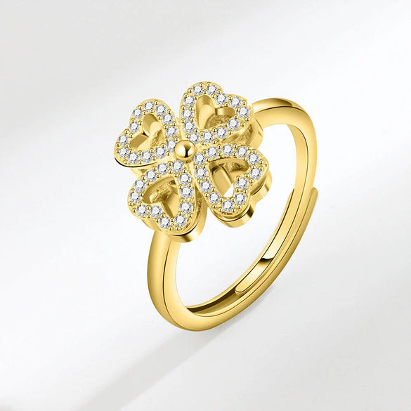Sterling Silver Rotating Clover Ring For Women Electroplated Adjustable Open Band Anxiety Relief Spinner Ring