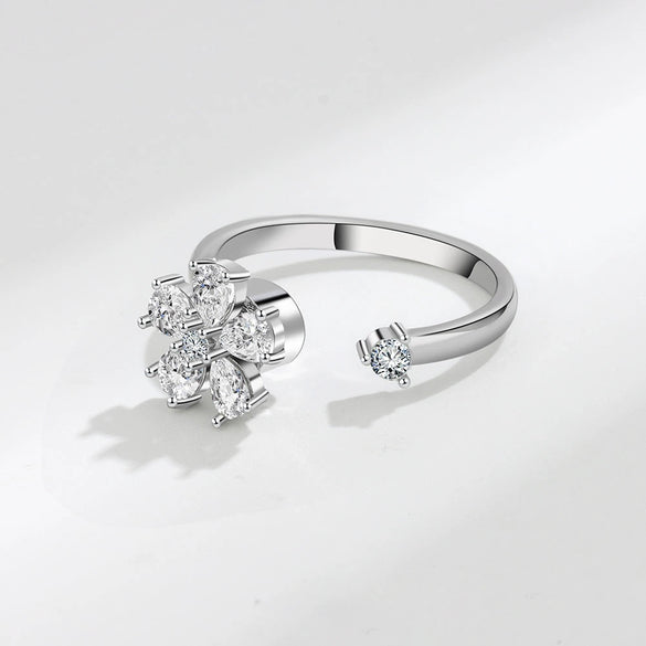 Sterling Silver Rotating Flower Adjustable Open Ring For Women Geometric Floral Design Electroplated Fashion Jewelry