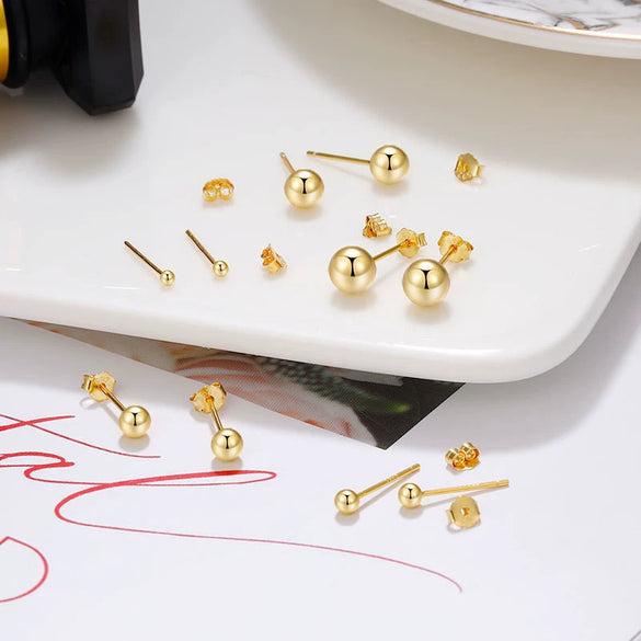 Sterling Silver Round Bead Stud Earrings For Men And Women Smooth Geometric Ball Design With Silver Ear Posts