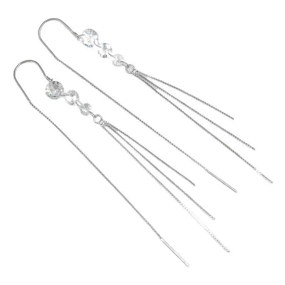 925 Sterling Silver Round Zircon Tassel Earrings For Women Simple Elegant Geometric Leaf Style Light Luxury Drop Earrings