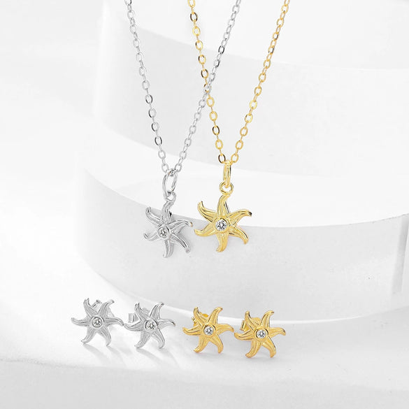 Sterling Silver Sea Star Shape Personality Fashion Jewelry Necklace Earrings Suit