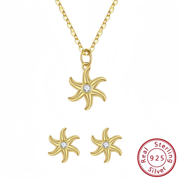 Sterling Silver Sea Star Shape Personality Fashion Jewelry Necklace Earrings Suit