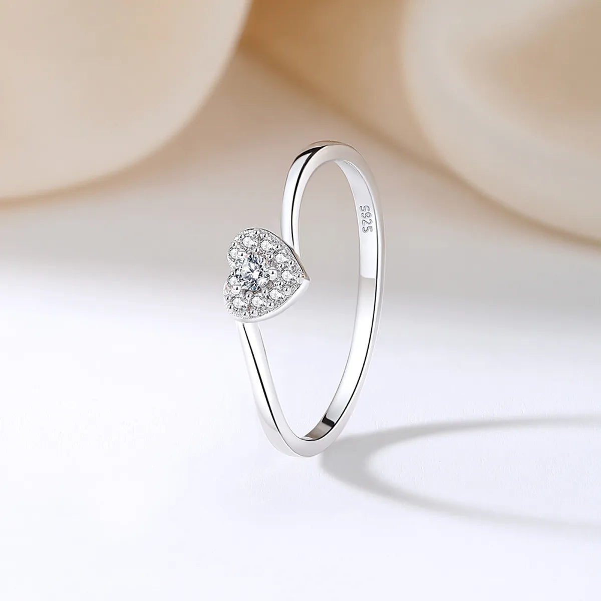 Sterling Silver Shiny Metallic Inlay Heart Shape Zircon Rings