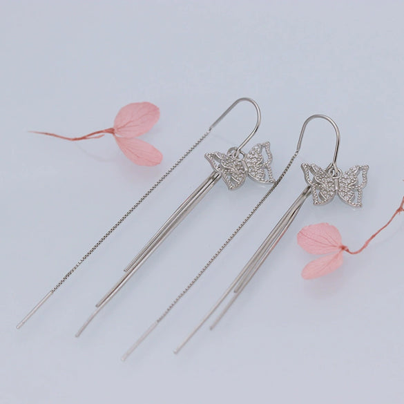 925 Sterling Silver Simple Bow Earrings For Women With Diamond Accents And Long Tassel Drop Design