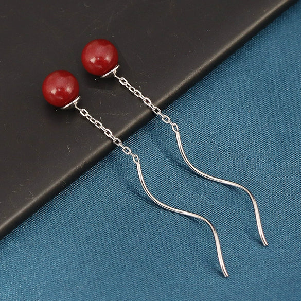 925 Sterling Silver Simple Geometric Wave Ear Line Earrings With Natural Cinnabar Red Round Beads For Women Elegant Dangle Earrings