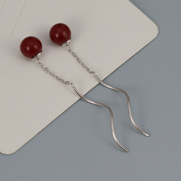 925 Sterling Silver Simple Geometric Wave Ear Line Earrings With Natural Cinnabar Red Round Beads For Women Elegant Dangle Earrings
