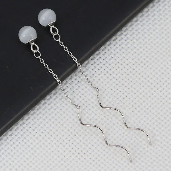 925 Sterling Silver Simple Geometric Wave Earrings With Cat's Eye Stone Elegant Fashion Ear Wire For Women