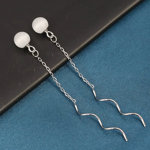 925 Sterling Silver Simple Geometric Wave Earrings With Cat's Eye Stone Elegant Fashion Ear Wire For Women