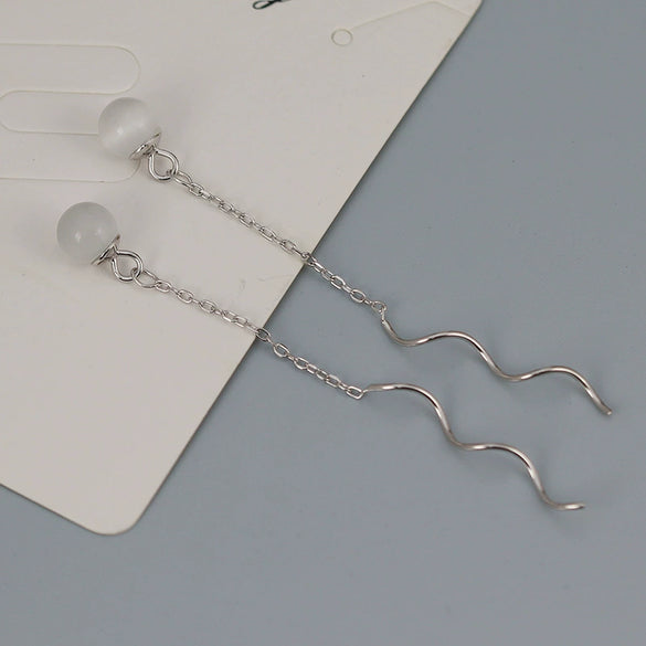 925 Sterling Silver Simple Geometric Wave Earrings With Cat's Eye Stone Elegant Fashion Ear Wire For Women