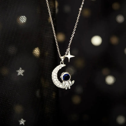 Sterling Silver Simple Style Astronaut Star Moon Plating Inlay Zircon Pendant Necklace