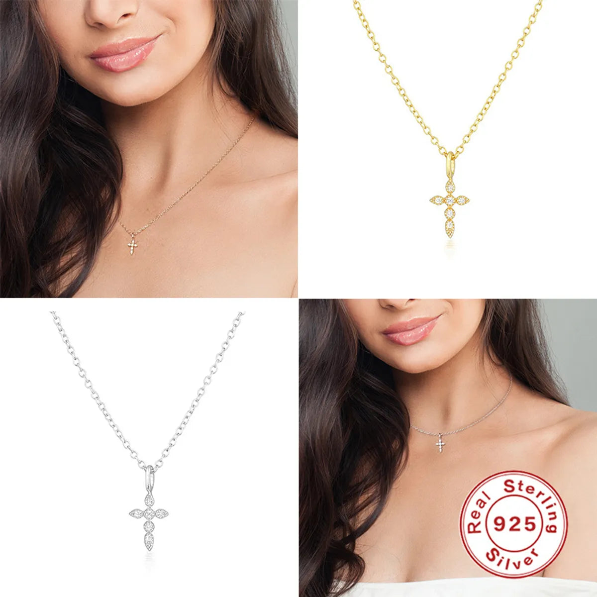 Sterling Silver Simple Style Cross Inlay Zircon Pendant Necklace