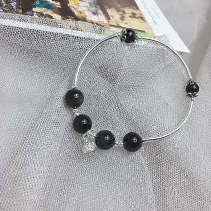 Sterling Silver Simple Style Flower Inlay Obsidian Bangle